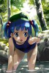  :o bent_over blue_eyes blue_hair blush forest hair_bobbles hair_ornament hat kannazuki_hato kawashiro_nitori nature one-piece_swimsuit rock school_swimsuit solo swimsuit thigh_gap thighs touhou tree_shade twintails wading water 