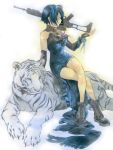 black_eyes blue_hair boots breasts crossed_legs detached_sleeves dress full_metal_panic! g36 gun issun_boushi legs_crossed melissa_mao over_shoulder rifle short_hair sitting solo tiger traditional_media weapon weapon_over_shoulder white_tiger 