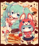  2girls aqua_eyes bird bunny_hood chibi copyright_name detached_sleeves food fork fruit gloves green_hair hands_together haru431 hatsune_miku kiwi long_hair lots_of_laugh_(vocaloid) multiple_girls scrunchie socks strawberry stuffed_animal stuffed_toy sweets twintails very_long_hair vocaloid 