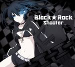  bikini_top black_hair black_rock_shooter black_rock_shooter_(character) blue_eyes breasts chain chains checkered checkered_background coat front-tie_top glowing glowing_eye highres kuroi_mato long_hair midriff mound_of_venus nemu_(nebusokugimi) shorts solo twintails weapon 