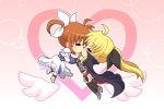  blonde_hair blush bow brown_hair cape chibi closed_eyes dress eyes_closed fate_testarossa gauntlets gem hair_bow hair_ribbon hand_holding heart holding_hands kano-0724 kiss long_hair lyrical_nanoha mahou_shoujo_lyrical_nanoha ribbon takamachi_nanoha twintails wings yuri 