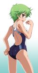  ass baka_to_test_to_shoukanjuu blush brown_eyes competition_swimsuit fang green_hair highres kudou_aiko looking_back one-piece_swimsuit open_mouth short_hair solo swimsuit vfenster 