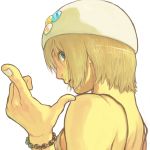  badge bare_shoulders blonde_hair blue_eyes bracelet bust button_badge character_request copyright_request foreshortening hands hat jewelry looking_back pointing profile short_hair shu-mai simple_background solo 