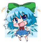  blue_dress blue_eyes blue_hair blush bow chibi cirno dress fang hair_bow hands_on_hips noai_nioshi open_mouth short_hair smile solo standing touhou translated translation_request 
