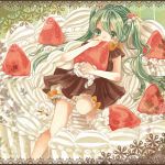  blush dress food fruit green_eyes green_hair hatsune_miku icing long_hair mitsuka solo strawberry twintails vocaloid 