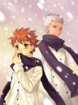  archer bad_id coat covering covering_face covering_mouth dark_skin emiya_shirou fate/stay_night fate_(series) grey_eyes kotarou_(pixiv) male multiple_boys scarf snowing white_hair winter_clothes yellow_eyes 