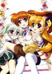  3girls absurdres blue_eyes brown_hair einhart_stratos fujima_takuya grey_hair happy heterochromia highres holding_hands lyrical_nanoha mahou_shoujo_lyrical_nanoha_vivid military military_uniform multiple_girls panties side_ponytail skirt smile takamachi_nanoha thigh-highs twintails underwear uniform vivio 