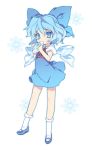  blade_(lovewn) blue_dress blue_eyes blue_hair blush bobby_socks bow cirno dress fairy footwear hair_bow holding ice looking_at_viewer mary_janes shoes short_hair snowflakes socks solo touhou white_background white_legwear wings 
