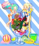  ! &gt;_&lt; 1boy 2girls animal ball bikini bird blonde_hair blush bucket cefca_palazzo celes_chere cherry chibi closed_eyes clown dark_skin dog duck eyes_closed final_fantasy final_fantasy_vi food fruit glass green_hair hose ice_cream leo_cristophe long_hair mohawk moogle multiple_girls open_mouth pirate_bandana ponytail smile swimsuit tina_branford yoinews1023 