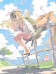  bag barn blonde_hair breasts cleavage cloud cow dragonfly fence from_below from_ground grass hat highres holding holding_hat horns long_hair open_clothes open_shirt original pomodorosa risa_hibiki shadow shirt sitting sitting_on_object sky solo striped sunglasses tree wind 