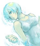  blue_eyes blue_hair breasts coin collarbone copyright_request floating hair_over_one_eye hands short_hair shu-mai solo tank_top water 