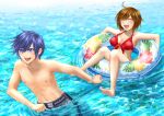  1boy 1girl barefoot bikini blue_eyes blue_hair blush breasts brown_hair cleavage closed_eyes couple cute eyes_closed front-tie_top hamura_mayu happy innertube kaito meiko open_mouth partially_submerged short_hair shorts smile swim_trunks swimsuit vocaloid water 