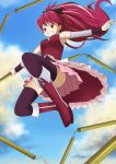  armpits bare_shoulders black_legwear boots breasts cap_(artist) chain chains cloud frills from_below grin hair_ribbon long_hair magical_girl mahou_shoujo_madoka_magica pleated_skirt polearm ponytail red_eyes red_hair redhead ribbon sakura_kyouko skirt smile solo spear thigh-highs thighhighs weapon 
