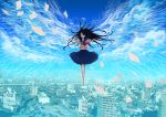  barefoot black_hair cityscape cloud giantess highres long_hair midriff navel original outstretched_arms red_eyes school_uniform sky smile solo test test_paper test_results test_score ueda_takashi wings 
