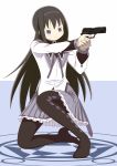  akemi_homura black_hair cap_(artist) gun hairband long_hair magical_girl mahou_shoujo_madoka_magica one_knee pantyhose pistol pleated_skirt purple_eyes sig-sauer sig_sauer skirt solo squatting violet_eyes weapon 