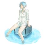  blue_eyes blue_hair bottomless collarbone dress_shirt feet_in_water original shirt short_hair shu-mai sitting sleeves_rolled_up soaking_feet solo submerged television water 