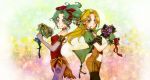  blonde_hair bouquet celes_chere choker earrings elbow_gloves female final_fantasy final_fantasy_vi flower gloves green_eyes green_hair hair_ornament hair_ribbon jacket jewelry long_hair moto_hiro multiple_girls pantyhose ponytail purple_eyes red_ribbon ribbon smile thighhighs tina_branford violet_eyes 