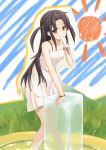  1girl black_hair bracelet brown_eyes cccpo doodle dress ice jewelry long_hair looking_at_viewer original popsicle short_twintails solo standing sun sundress twintails wading wading_pool 