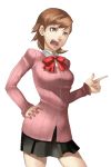  blazer bow brown_eyes brown_hair flipped hand_on_hip hips persona persona_3 pleated_skirt pointing reversed school_uniform short_hair simple_background skirt solo sweater takeba_yukari white_background 