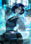  blue_hair floating_screen highres original pleated_skirt skirt solo sweater_vest time-flies 