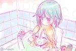  2girls bath bathtub blonde_hair blue_hair closed_eyes kosaka_yukina misono_chiaya multiple_girls niina_ryou smile the_rolling_girls 