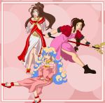   +_+ 3girls aa_megami-sama aerith_gainsborough belldandy blue_eyes bracelet brown_hair dress facial_mark final_fantasy final_fantasy_vii forehead_mark green_eyes hair_ribbon jewelry long_hair multicolored_hair nia_teppelin ribbon staff tengen_toppa_gurren_lagann  