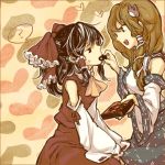  2girls braid chocolate feeding frog hakurei_reimu heart kochiya_sanae multiple_girls nakatani snake sweat touhou yuri 