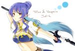  blue_hair character_name judith long_hair midriff mizuse_kotone pointy_ears ponytail pout red_eyes solo tales_of_(series) tales_of_vesperia title_drop weapon white_background 