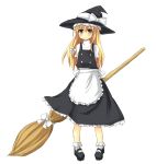 apron blonde_hair blush bow broom buttons dress hair_ribbon hat highres kirisame_marisa long_hair manashi mary_janes ribbon shoes smile socks solo touhou transparent_background witch witch_hat yellow_eyes 