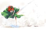 1girl battle chiro_(pixiv) dress fighting fighting_stance fingerless_gloves girl gloves green_dress hair_over_one_eye hat hat_removed headwear_removed high_kick hong_meiling kick kicking long_hair ofuda red_hair solo touhou