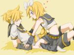  blonde_hair blue_eyes blush brother_and_sister detached_sleeves hair_ornament hair_ribbon hairclip headphones heart incest kagamine_len kagamine_rin necktie ribbon siblings straddle twincest twins vocaloid yaichi_(reverie) 