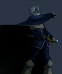  1boy armor blue blue_background blue_eyes boots cape fingerless_gloves gloves greaves grey_hair headband male pants puyopuyo schezo serious solo sword tctyraln weapon 