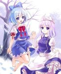  barefoot blue_eyes blue_hair bow cirno douji hair_bow hat lavender_hair letty_whiterock multiple_girls purple_eyes short_hair snow touhou tree violet_eyes 