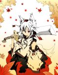  animal_ears bad_id bare_shoulders detached_sleeves grin hat holding inubashiri_momiji leaf leaves maple_leaf no_nose red_eyes smile solo sword tail takewaka tokin_hat touhou weapon white_hair wide_sleeves wolf_ears 