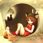  against_wall animal_ears brown_eyes brown_hair cat cat_ears cat_tail chen eijima_moko hat multiple_tails short_hair sitting tail touhou tunnel 