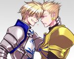  anger_vein armor blonde_hair blue_eyes earrings face-to-face fate/prototype fate/stay_night fate_(series) genderswap gilgamesh grin heart ironmaskbear jewelry low_res male multiple_boys red_eyes saber_(fate/prototype) saver smile 