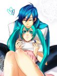  aqua_hair blue_hair blush hatsune_miku hug hug_from_behind kaito long_hair mochiko_(pixiv1116288) scarf smile twintails vocaloid 