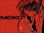  hands lips meiko monochrome red red_background rq short_hair sketch spot_color tattoo vocaloid weapon yellow_eyes 