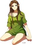  blue_eyes blush brown_hair earrings elf hands_on_feet jewelry kneeling long_hair looking_away nintendo o-yuki off_shoulder pointy_ears princess_zelda signature simple_background solo the_legend_of_zelda twilight_princess 