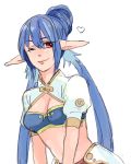  bad_id blue_hair elf heart judith kuromi_(artist) kuromi_(dm) long_hair midriff pointy_ears ponytail red_eyes rough smile solo tales_of_(series) tales_of_vesperia white_background wink 