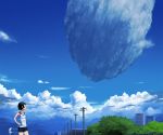  black_hair cloud clouds hand_on_hip kawazu looking_up mouth_hold original popsicle power_lines scenery short_hair sky solo sweat 