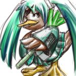  beak crossover duck farfetch&#039;d fusion green_hair hanakirigisu hatsune_miku pokemon simple_background sketch skirt solo spring_onion tail twintails vocaloid white_background 