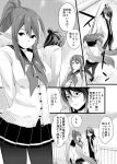  1girl bad_id comic hidaka_ryou judith monochrome pantyhose pointy_ears school_uniform sweater tales_of_(series) tales_of_vesperia translation_request yuri_lowell 