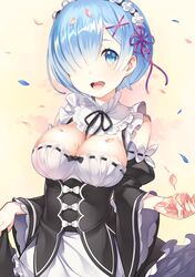  1girl :d absurdres between_breasts breasts cleavage hair_over_one_eye hair_ribbon highres lasa_(lasa1116) looking_at_viewer maid open_mouth petals re:zero_kara_hajimeru_isekai_seikatsu rem_(re:zero) ribbon skirt_hold smile solo 