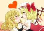  blonde_hair blush bow chocolate flandre_scarlet food_in_mouth hat hat_bow heart kirisame_marisa mogmogura mouth_hold multiple_girls no_hat no_headwear short_hair touhou valentine wings yuri 