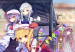  5girls bat_wings black_cat blonde_hair blue_eyes book braid building cat cup flandre_scarlet head_wings izayoi_sakuya koakuma lantern long_hair mazonano multiple_girls patchouli_knowledge purple_hair red_eyes redhead remilia_scarlet short_hair teacup teapot touhou tray twin_braids violet_eyes wings 