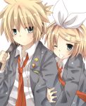  bad_id badge blonde_hair brother_and_sister button_badge haruka_(reborn) kagamine_len kagamine_rin necktie short_hair siblings twins vocaloid wink 