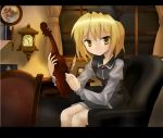  blonde_hair clock couch embarrassed feathers hat instrument long_sleeves lunasa_prismriver plate room short_hair sitting solo touhou violin watch window yellow_eyes 
