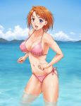  breasts cleavage my-hime navel nigou orange_hair pink_bikini purple_eyes short_hair side-tie_bikini sideboob skindentation solo submerged swimsuit tokiha_mai underboob violet_eyes wading water wet 