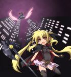  belt brown_hair cape city fate_testarossa gloves glowing glowing_eyes hair_ribbon long_hair mahou_shoujo_lyrical_nanoha mahou_shoujo_lyrical_nanoha_the_movie_1st night night_sky perspective raising_heart red_eyes ribbon sasamashin sky takamachi_nanoha thigh-highs thighhighs twintails white_devil 
